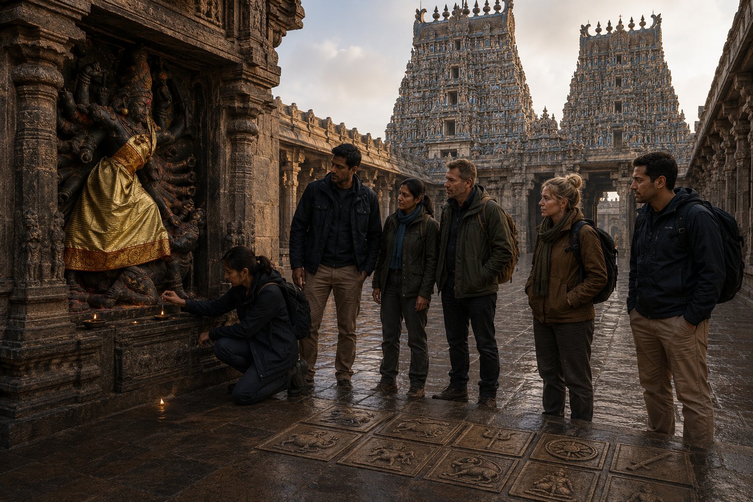 The team at Chidambaram temple with the Mahishasura Mardhini shrine